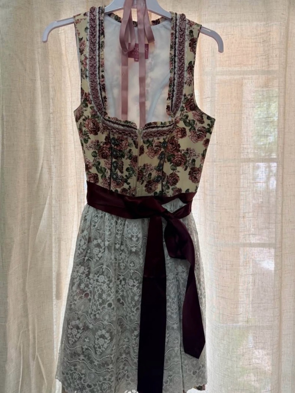 Kruger Oktoberfest Germany Dirndl Floral Midi Dress with Burgundy Sash